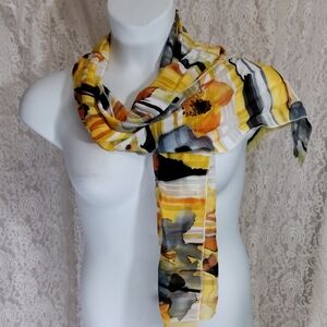 Fashion Silky  Scarf Yellow Gray Orange Black Print NWOT